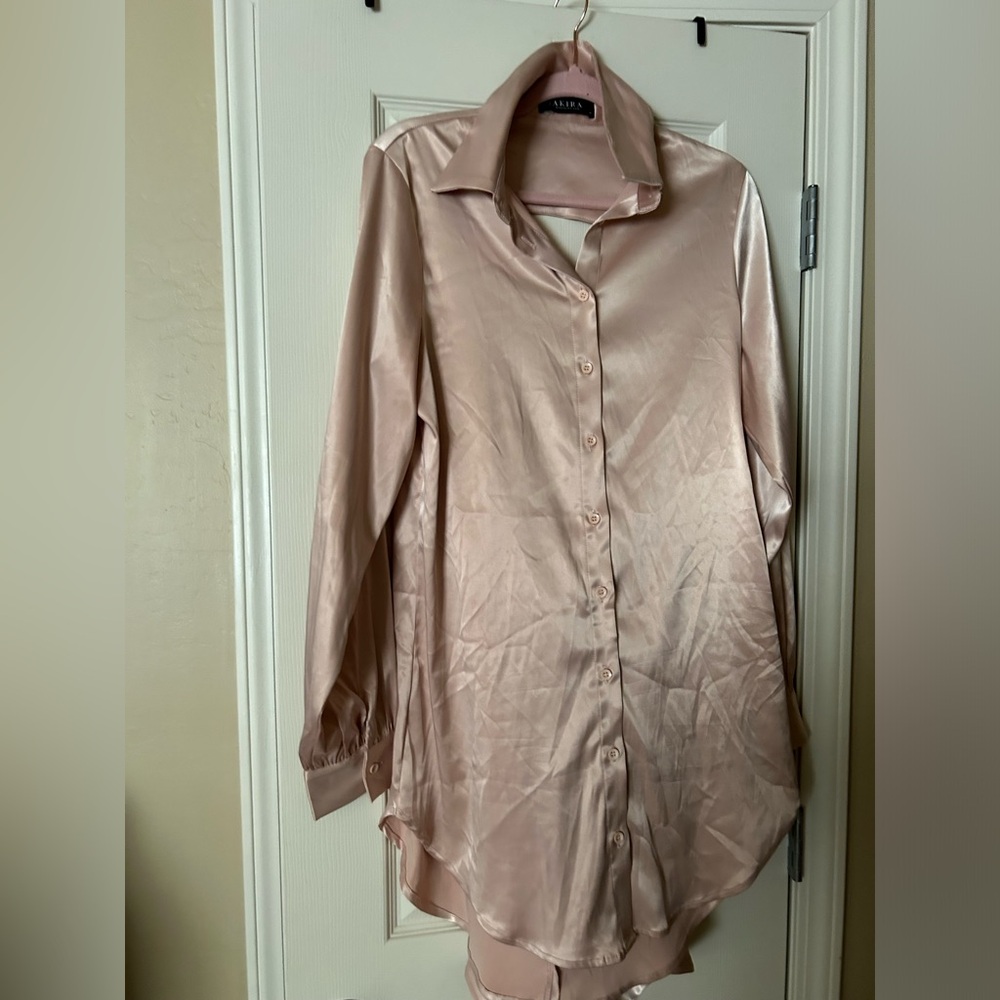 AKIRA Satin long Sleeve Tie Front Cutout Back Champagne Dress Medium NWOT